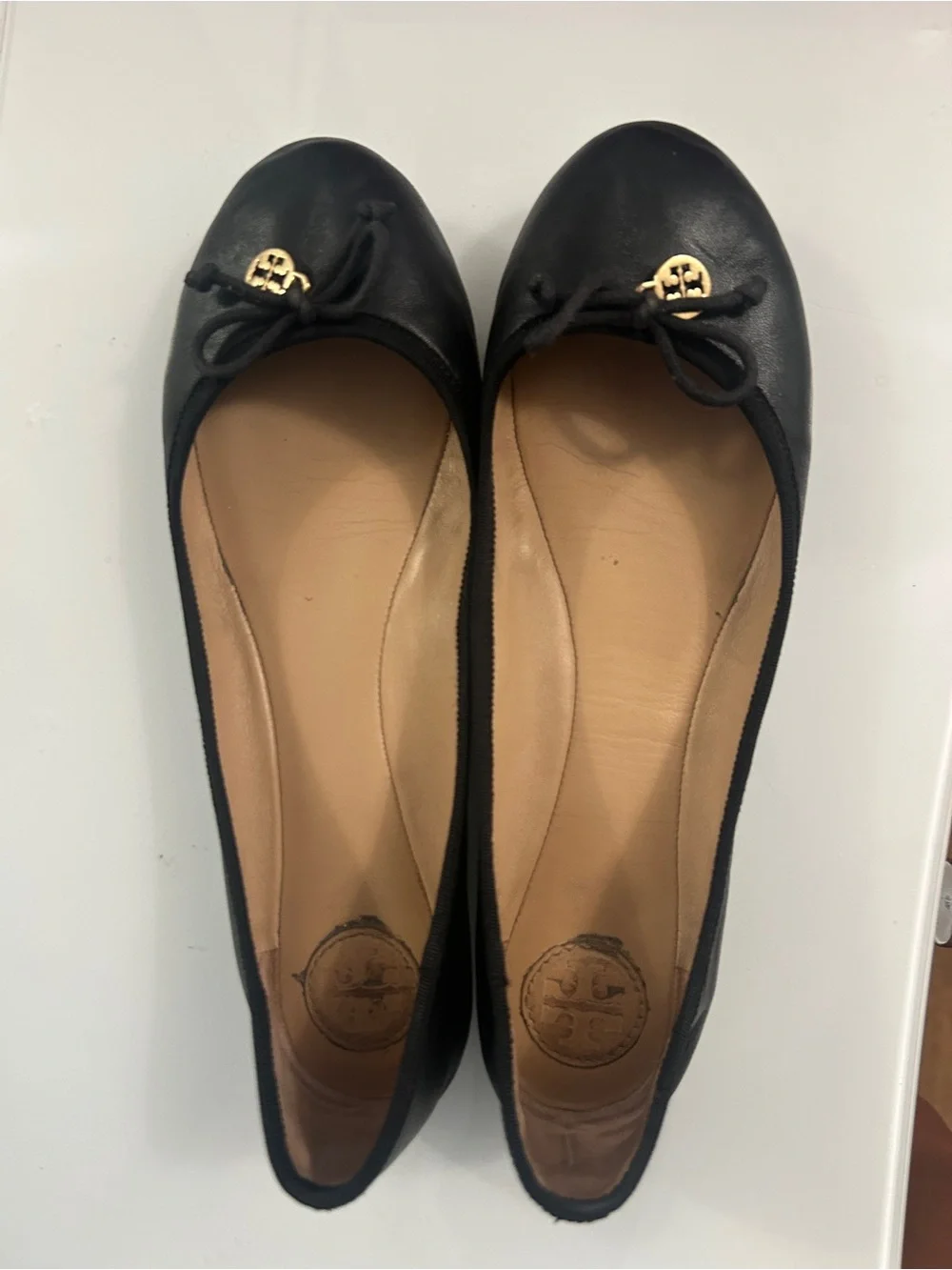 Tory Burch Black Leather Logo Ballet Flats with Gold Medallion